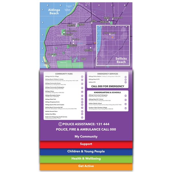 Aldinga at a Glance booklet opened to the "My Community" page.